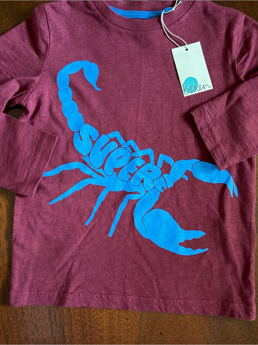3/4 Mini Boden Maroon L/S Tee with Bright Blue Scorpion Graphic